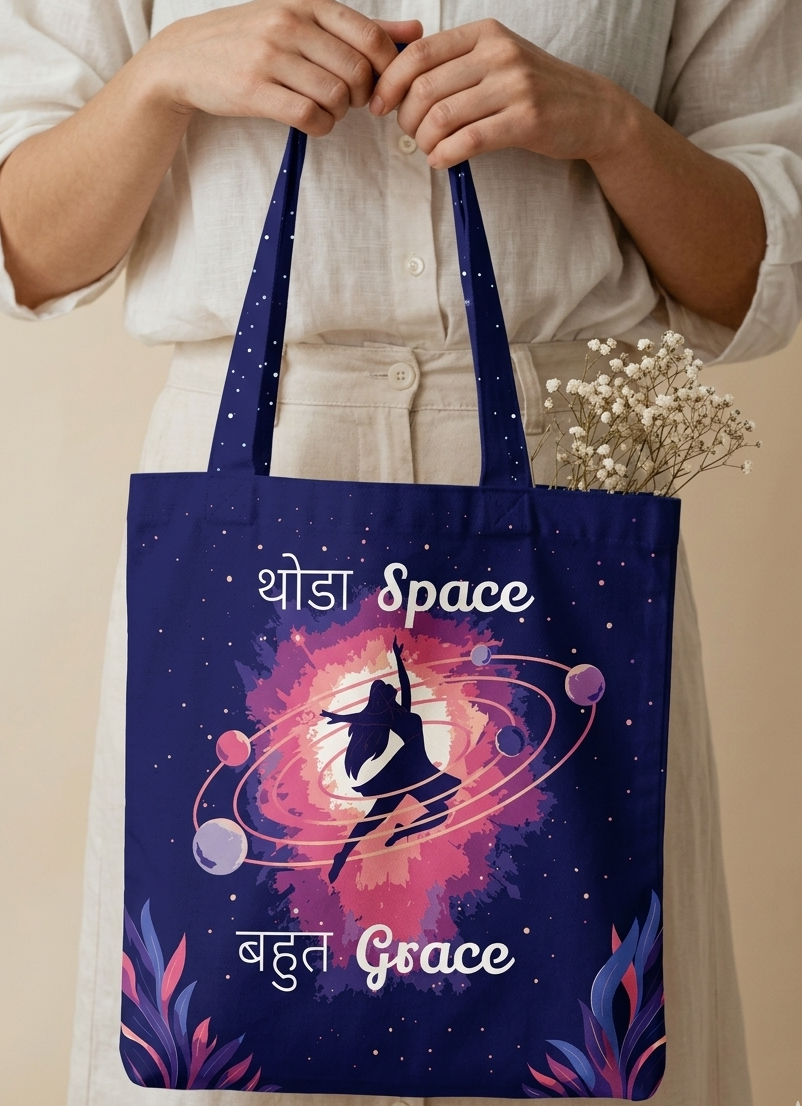 Tote bag with space-themed design and text held by a person
